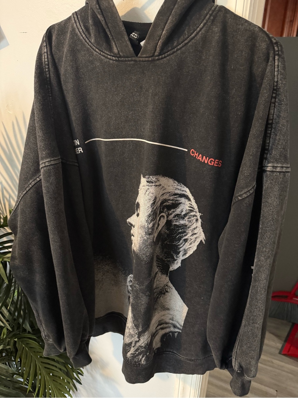 H&M Black Graphic Crewneck Hoodie with White Portrait and Red Accent